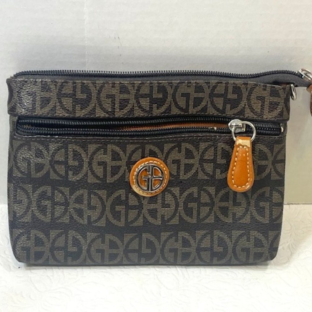 Giani Bernini Brown Block Signature Zip Wallet Clutch Small Purse 7.5"x5.25"